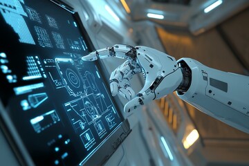 Futuristic Robot Hand Interacting with Holo Display in a High-Tech Environment Showcasing Advanced Technology and Digital Interfaces