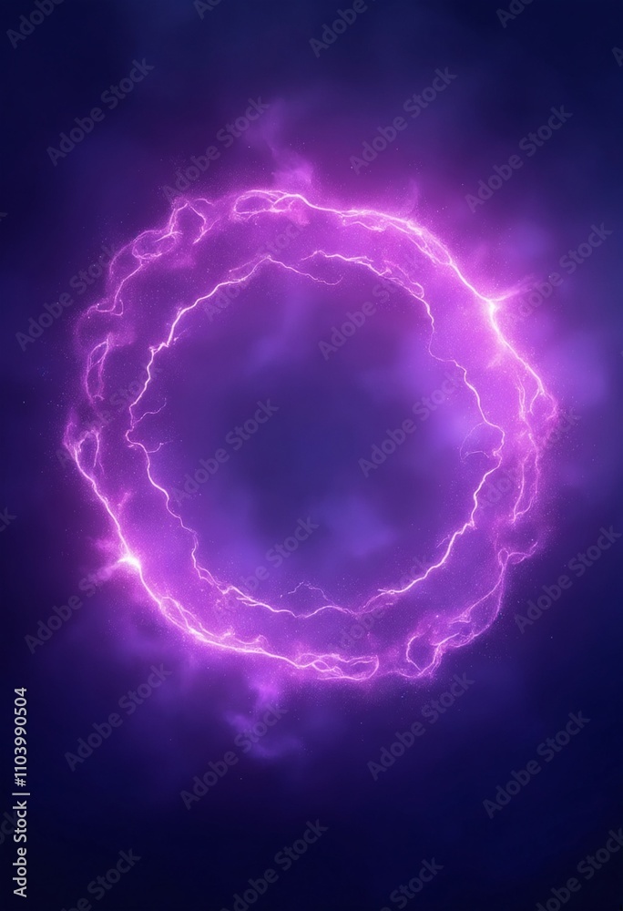 Poster purple abstract plasma lightning ring with glowing particles swirling in dark sky fantasy concept ar