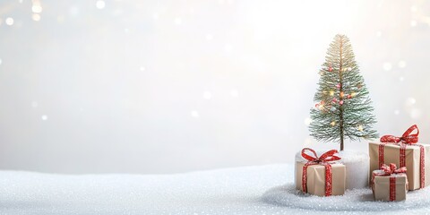Snowy scene with Christmas tree and gifts