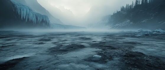 Majestic winter landscape with snow-covered mountains and soft sunlight illuminating the icy terrain