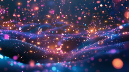 Obraz premium A whimsical, dreamlike landscape filled with countless glowing fireflies floating in the air, their ethereal light shimmering in vibrant, surreal colors