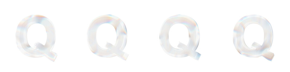 Set of 4 3d letter Q with glass distortion effect isolated on a transparent background. 3d transparent elements for graphic design.