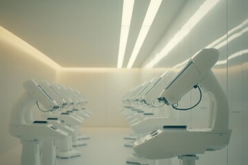 Futuristic Robotic Workspace with Multiple Surgical Robots Designed for Precision Operations in a Clean and Modern Environment