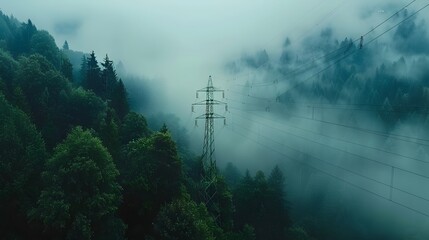 Power Lines Traverse a Misty Mountain Forest