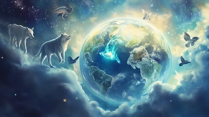 An illustration of spirit animals walking across a globe of the world, emanating spiritual energy.