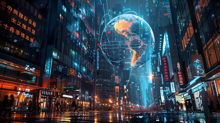 Fototapeta premium Captivating Infographic Visual of Global Connectivity in a Neon-Lit Urban Environment