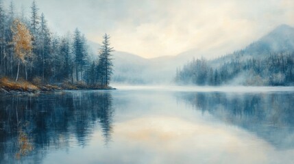 Fototapeta premium Serene Misty Lake Scene with Enduring Simplicity and Calmness