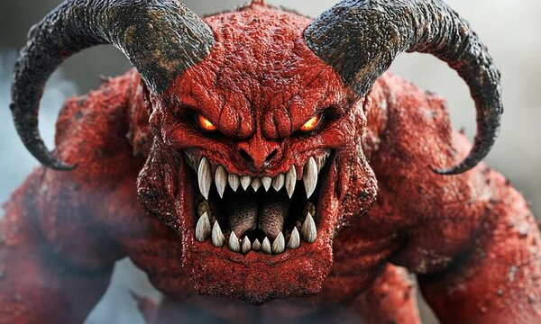 A menacing red demon with large horns, bared fangs, and glowing eyes.