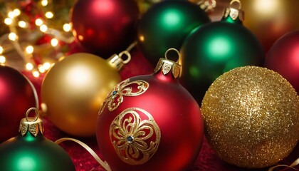 A cluster of Christmas baubles in shiny red, green, and gold, with soft fairy lights wrapped around