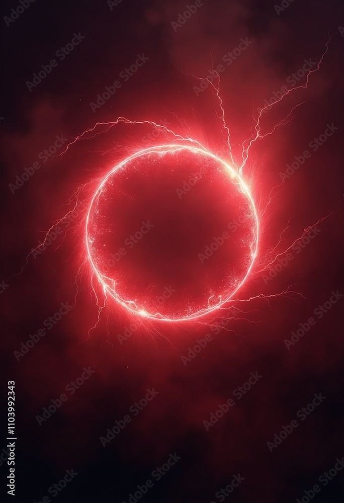 Poster red abstract plasma lightning ring with glowing particles swirling in dark sky fantasy concept art