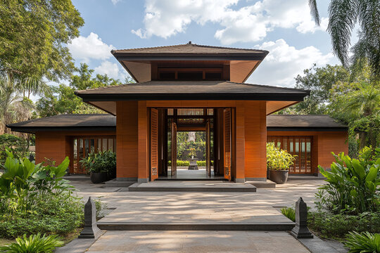 Traditional thai crematorium exterior with door open.