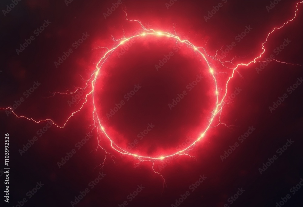 Poster red abstract plasma lightning ring with glowing particles swirling in dark sky fantasy concept art