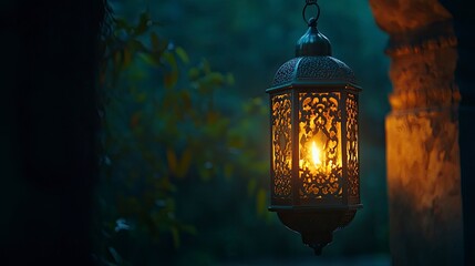 Muslim Holy Month Ramadan Kareem - Hias Arab Lantern Dengan Burning Candle Glowing At Evening 