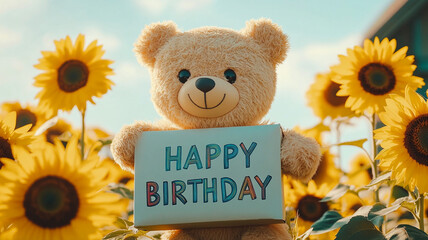 Text "HAPPY BIRTHDAY " with cute bear in sunflower field