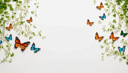 Fototapeta premium An artistic arrangement of colorful butterflies, green vines, and tiny blossoms 