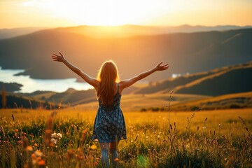 Frau breitet die Arme aus und freut sich über Urlaub und Freiheit im Sonnenlicht.