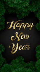 A Christmas tree with a golden ribbon that says Happy New Year. 3d rendering illustration not AI