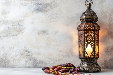 Fototapeta premium Muslim lamp and tasbih with dates on light background with space for text