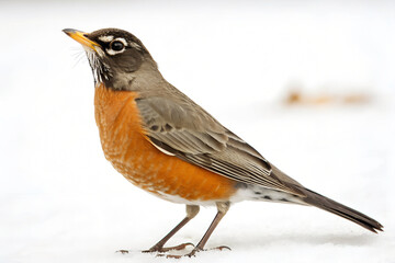 Close-up of an American Robin standing on a ice valley with its vibrant orange breast glowing in soft morning light.