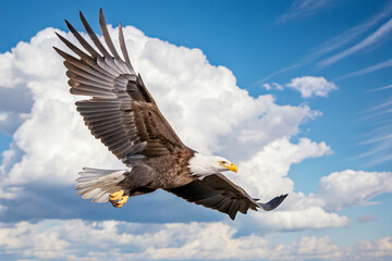 Obraz premium High-resolution image of a Bald Eagle soaring gracefully against a blue sky. This majestic bird of prey with its iconic white head sharp yellow beak and powerful wings, represents freedom and strength