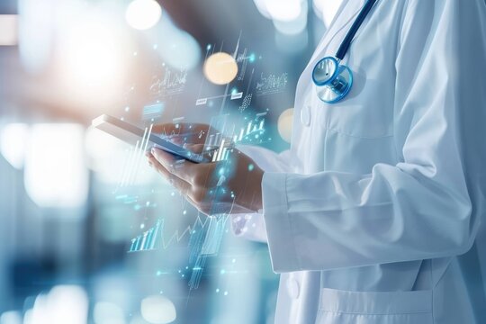 A healthcare professional using a digital device with data graphics overlay.