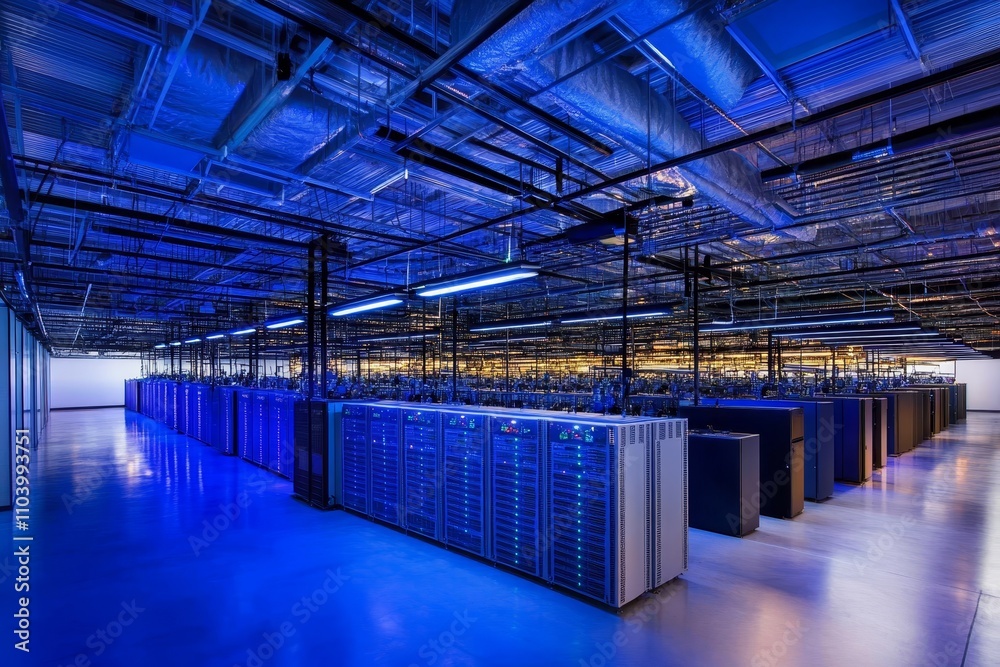 Aufkleber high-tech data center with row of server racks illuminated by blue lighting in modern facility for a