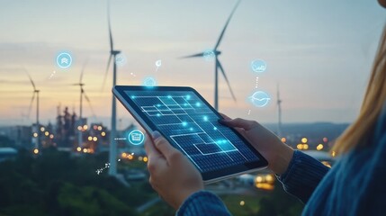 Person using a tablet near wind turbines at sunset.