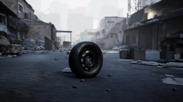 A solitary tire rests on a cracked asphalt road in a desolate urban area, surrounded by debris and deteriorating buildings. The atmosphere feels forgotten and neglected.