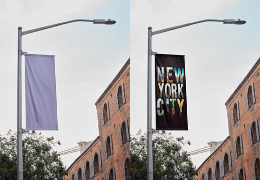 Mockup Street Pole Banner in New York Highlighting Urban Surroundings. Fly banner PSD template ready to use