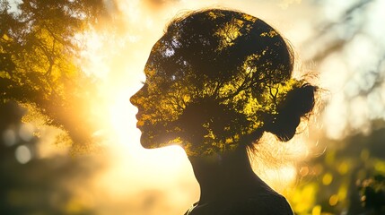 A serene woman in natural double exposure with sunlight filtering through trees, representing belief, self-care, and inner positivity