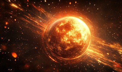 Glowing Cosmic Sphere with Fiery Streaks in Space