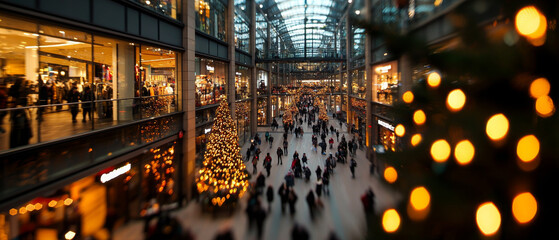 Busy shopping mall decorated for holidays with festive lights