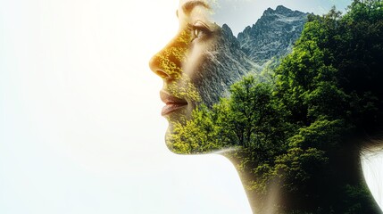 A woman s face in natural double exposure with blooming flowers, representing coping, intelligence, and personal growth