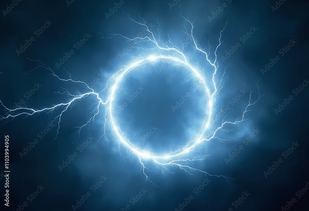 Poster white abstract plasma lightning ring with glowing particles swirling in dark sky fantasy concept art