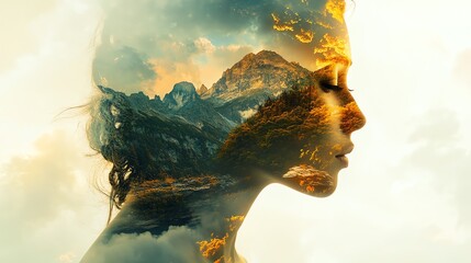 A woman s face in natural double exposure with blooming flowers, representing coping, intelligence, and personal growth