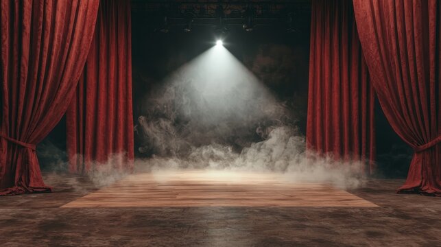 Dramatic Theater Stage with Red Velvet Curtains, Spotlight, and Suspenseful Atmosphere for Event and Entertainment Concept