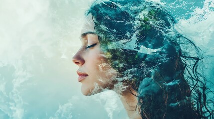 Mindful woman in natural double exposure with flowing water, embodying awareness, transformation, and inner clarity