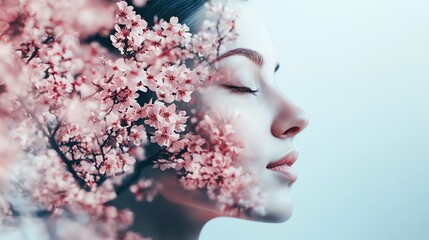 Serene woman s face in natural double exposure with a blossoming tree, embodying self-care, mindset, and inner belief