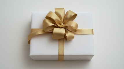 Elegant White Gift Box with Gold Ribbon Bow on Minimalist Background Luxurious Present for Celebrations and Events