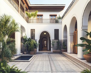 Serene Courtyard with Lush Plants and Elegant Architecture