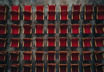 Aerial View of Rows of Elegant Red Upholstered Chairs in an Abandoned Theater Setting with Distressed Gray Floor, Perfect for Evoking Nostalgia and Vintage Aesthetics