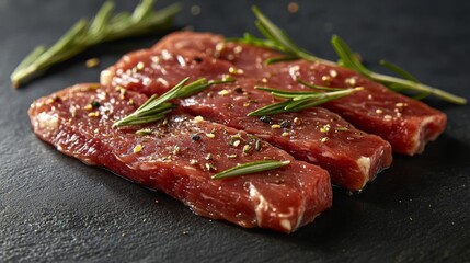 Fresh raw meat with rosemary on dark background