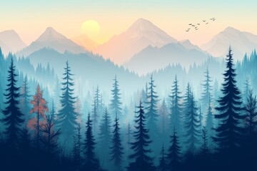Obraz premium Misty landscape with fir forest in hipster vintage retro style