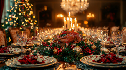 Elegant Christmas Dinner Table Decorated With Festive Lights and Turkey
