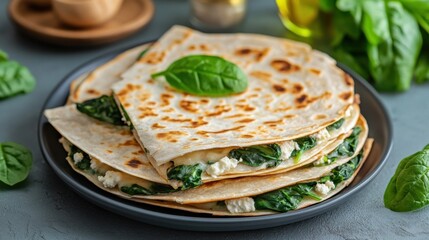 A plate of warm, stuffed flatbreads filled with spinach and cheese, garnished with fresh basil leaves, set against a soft, neutral background.
