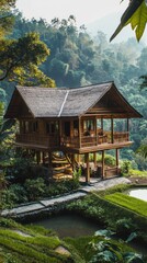 Obraz premium Serene Wooden House Surrounded by Lush Green Forest Landscape