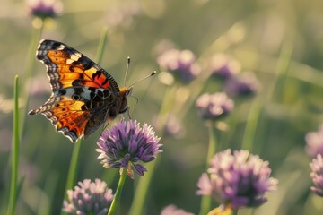A butterfly perched on the petals of a vibrant purple flower