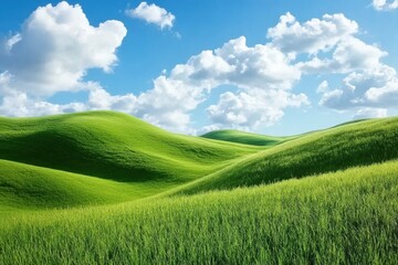 Fototapeta premium Expansive Green Hills Under a Clear Blue Sky with Fluffy White Clouds in Daylight