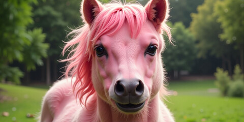 Adorable pink pony with a cheerful expression standing in a grassy area