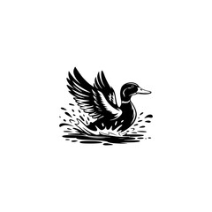 Silhouette Duck Swimming vector illustration with waves, duck silhouette